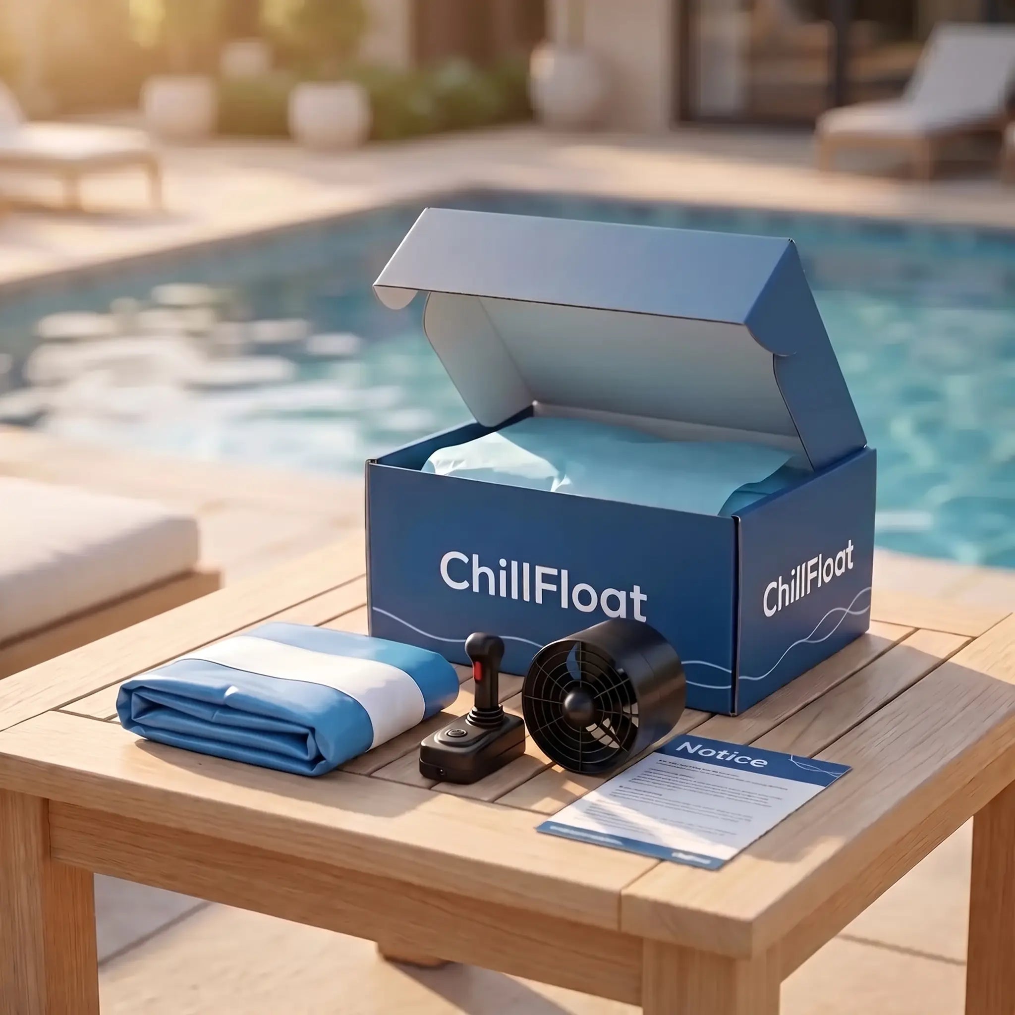 Emballage ChillFloat avec bouee, joystick, bloc moteur et notice
