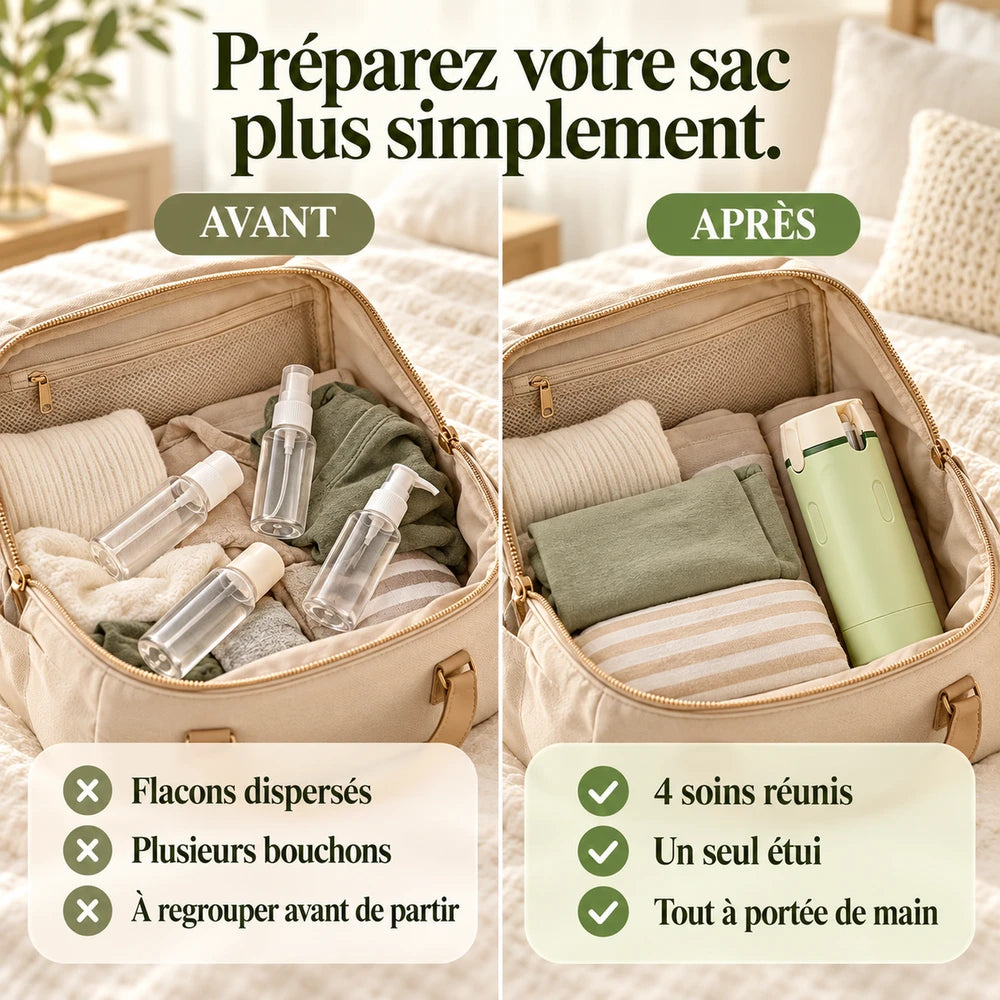 1+1 OFFERT · AUJOURD'HUI · QuadBott™ · 4-en-1 Flacons de voyage