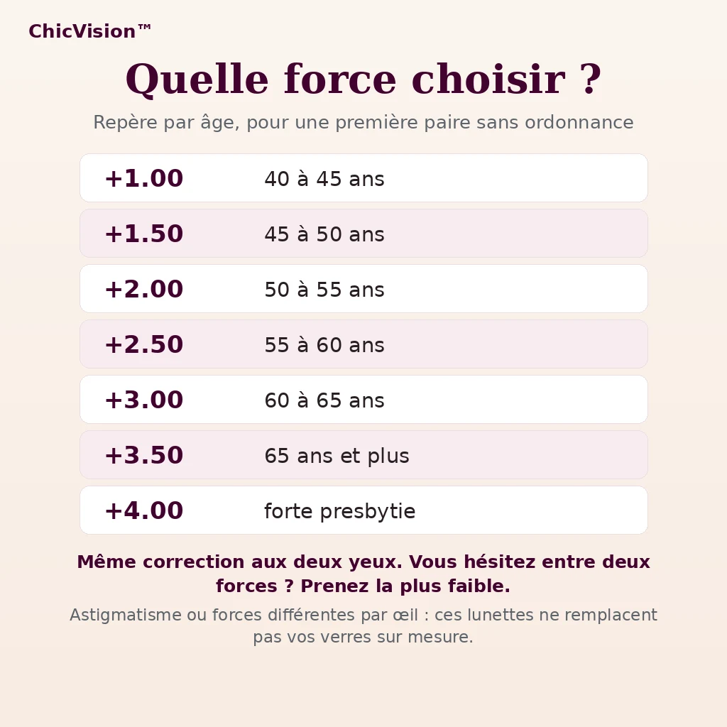 Quelle force choisir : repère par âge de +1.00 à +4.00