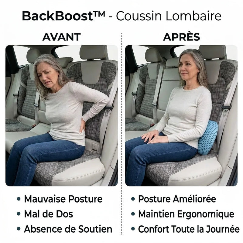 -50 % · OFFRE LIMITÉE · BackBoost™ · Coussin lombaire