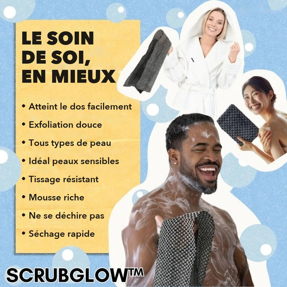1+1 OFFERT · AUJOURD'HUI · ScrubGlow™ · Gant de douche exfoliant antibactérien