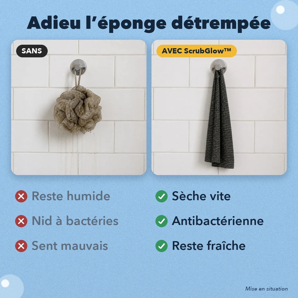 1+1 OFFERT · AUJOURD'HUI · ScrubGlow™ · Gant de douche exfoliant antibactérien