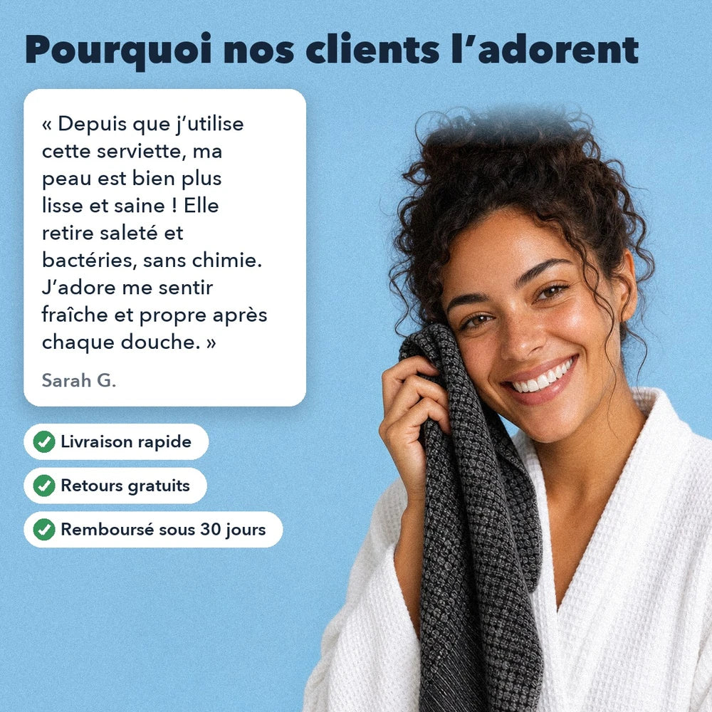 1+1 OFFERT · AUJOURD'HUI · ScrubGlow™ · Gant de douche exfoliant antibactérien