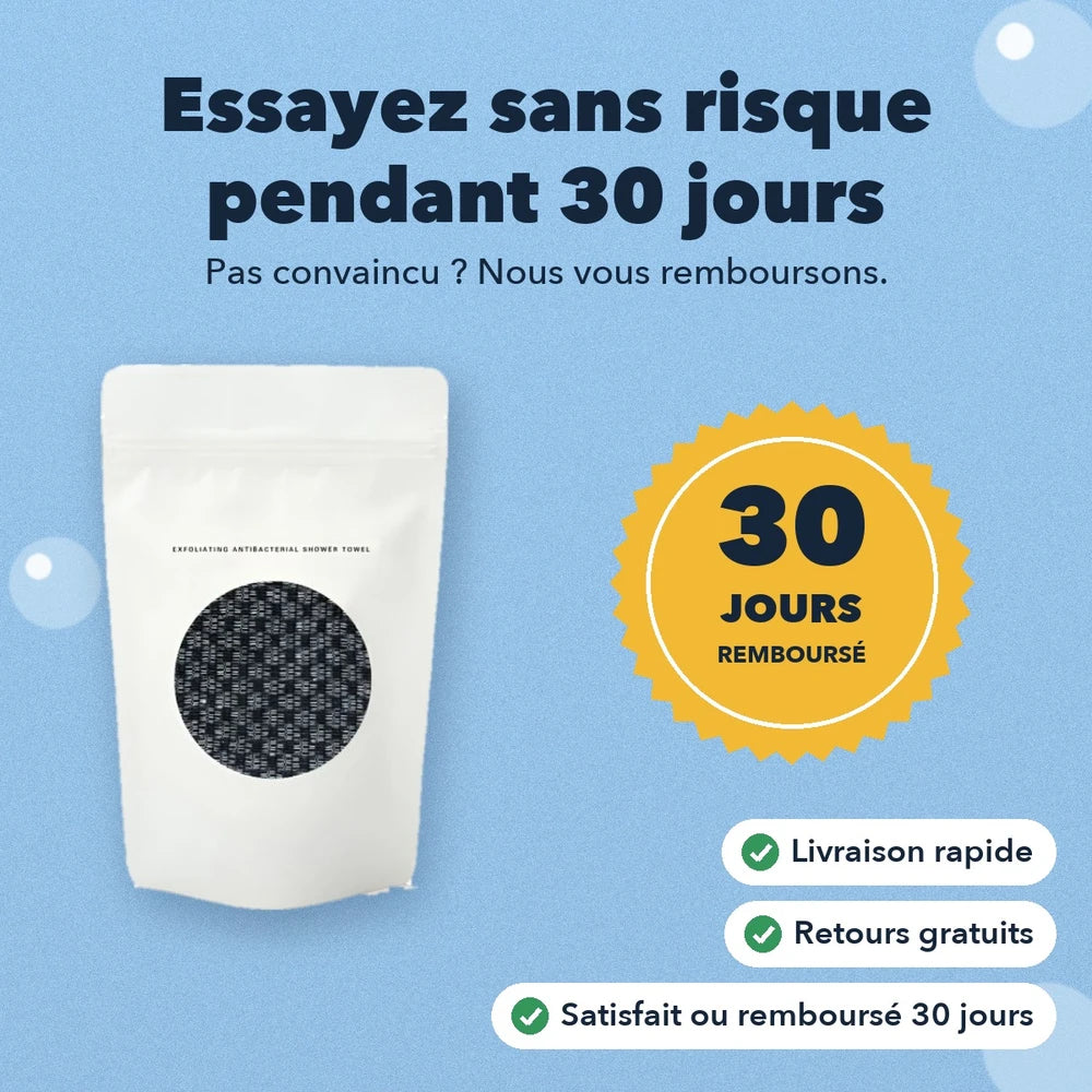 1+1 OFFERT · AUJOURD'HUI · ScrubGlow™ · Gant de douche exfoliant antibactérien