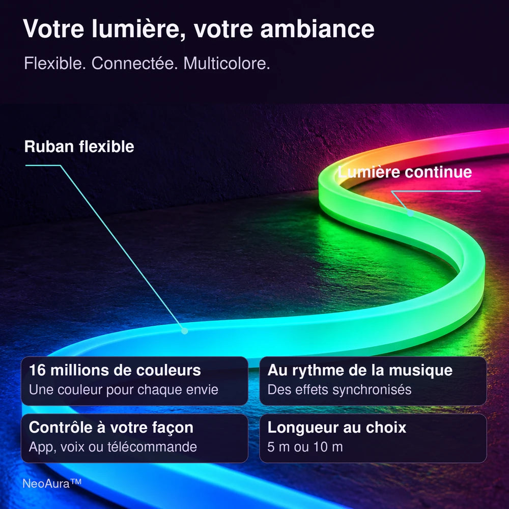 -50 % · OFFRE LIMITÉE · NeoAura™ · Bandes LED néon