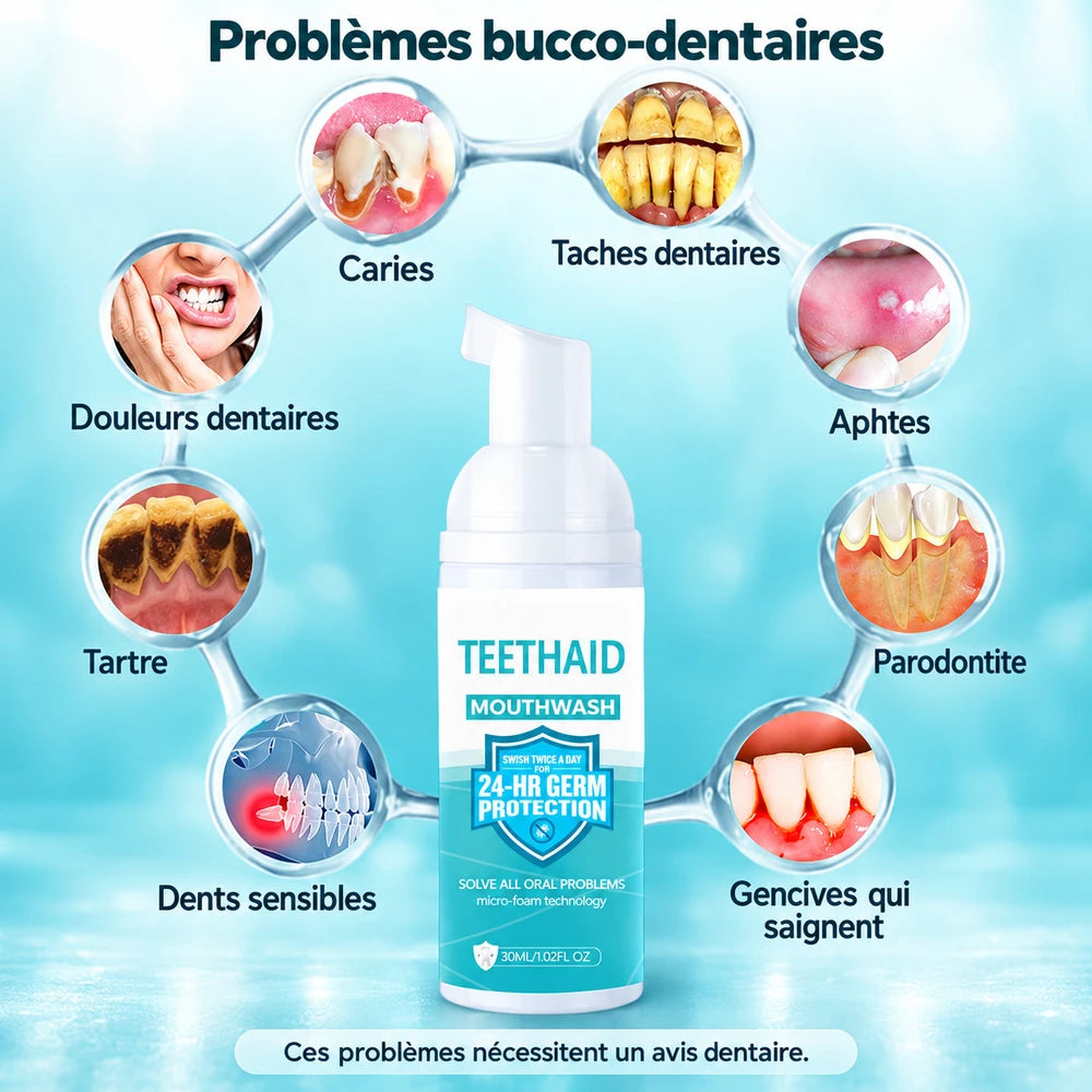 -50 % · OFFRE LIMITÉE · OralGuard™ · Mousse blanchissante et soin bucco-dentaire 100 % d’origine végétale