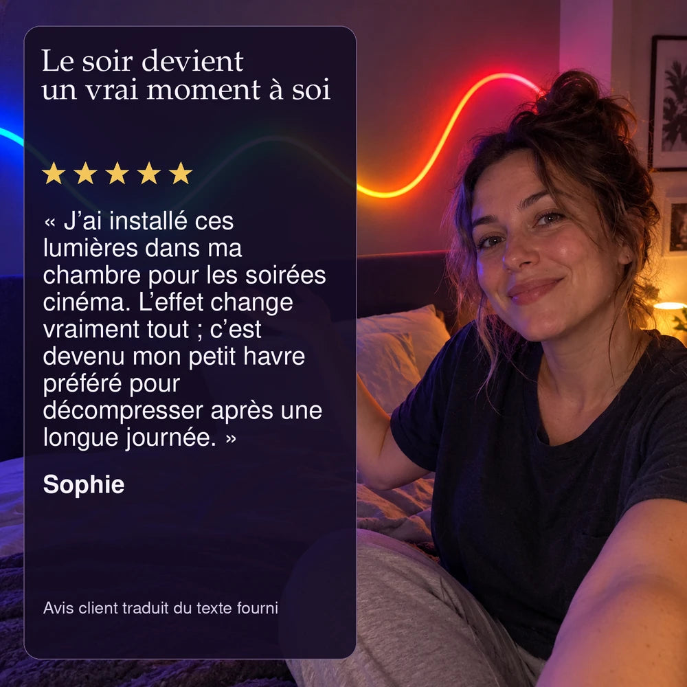 -50 % · OFFRE LIMITÉE · NeoAura™ · Bandes LED néon