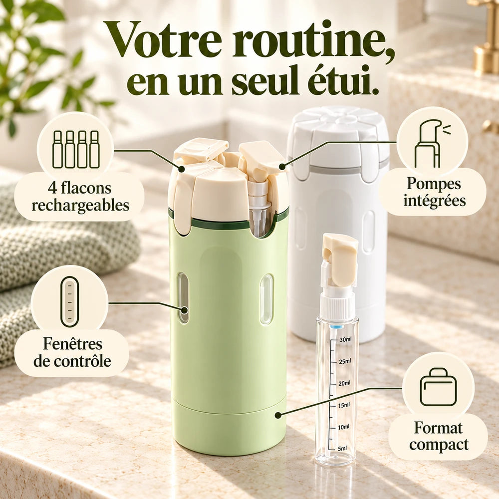 1+1 OFFERT · AUJOURD'HUI · QuadBott™ · 4-en-1 Flacons de voyage