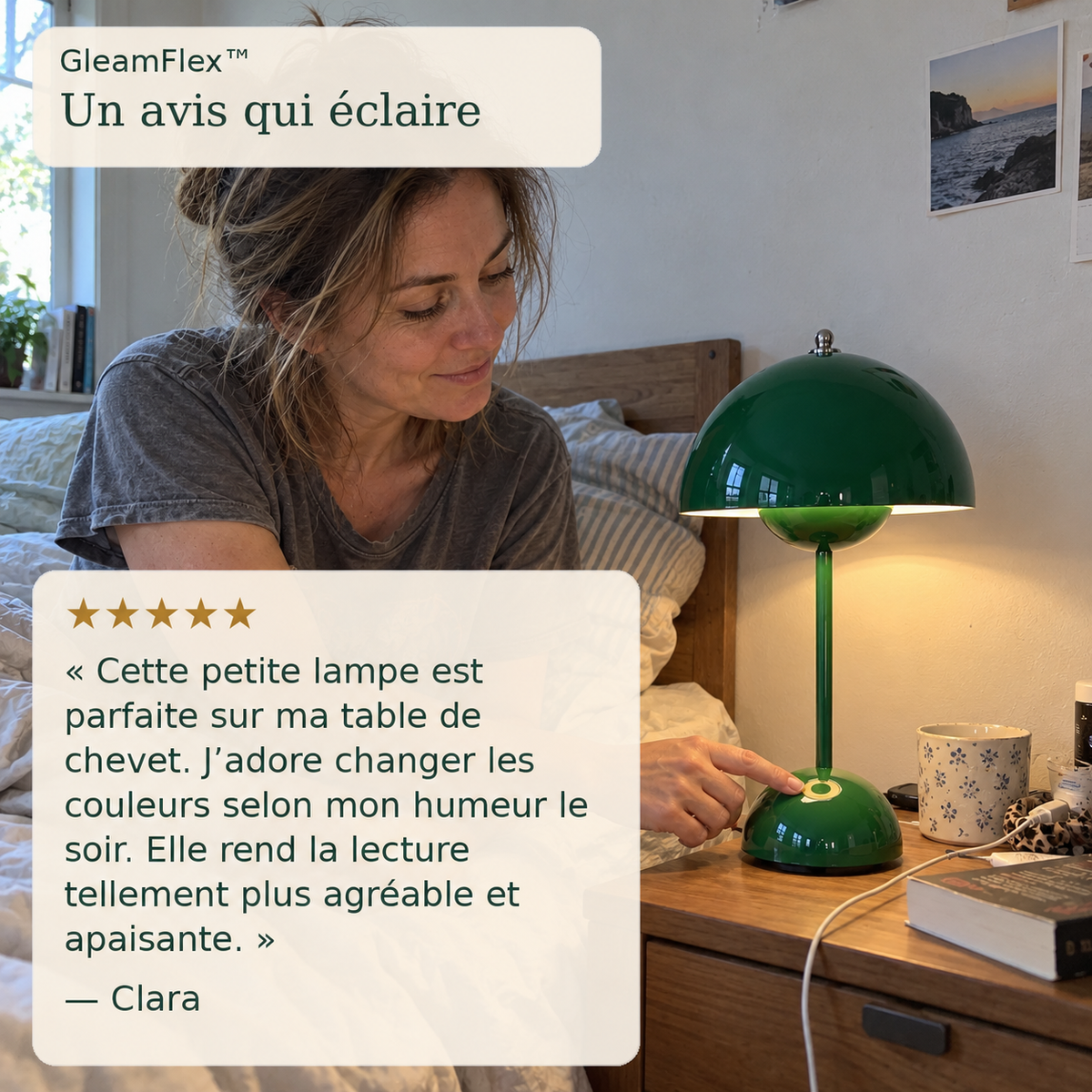 -50 % · OFFRE LIMITÉE · GleamFlex™ · Lampe de table LED élégante à intensité réglable