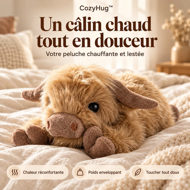 -50 % · OFFRE LIMITÉE · CozyHug™ · Peluche lestée vache Highland