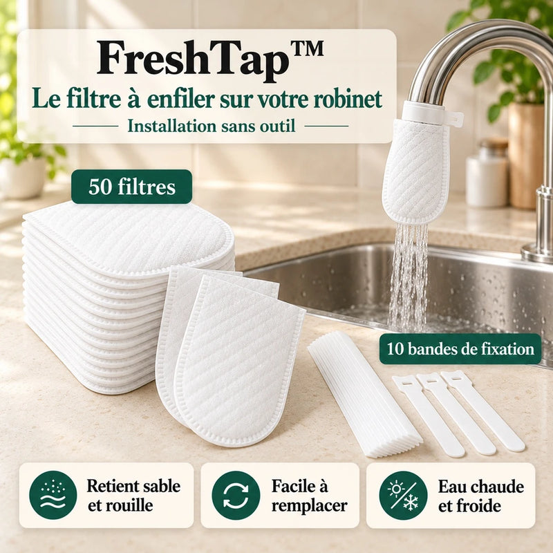 -50 % · OFFRE LIMITÉE · FreshTap™ · Filtre de robinet à clipser (50 pièces + 10 attaches)