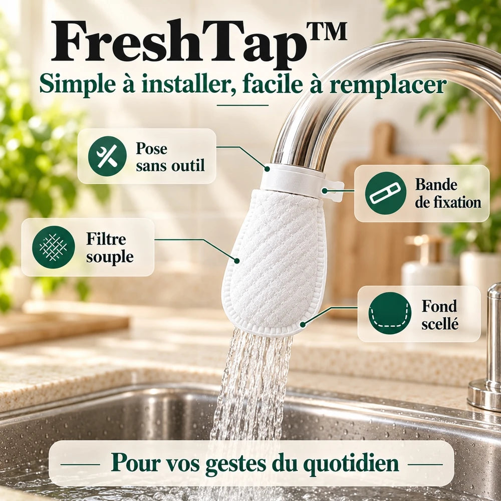 -50 % · OFFRE LIMITÉE · FreshTap™ · Filtre de robinet à clipser (50 pièces + 10 attaches)
