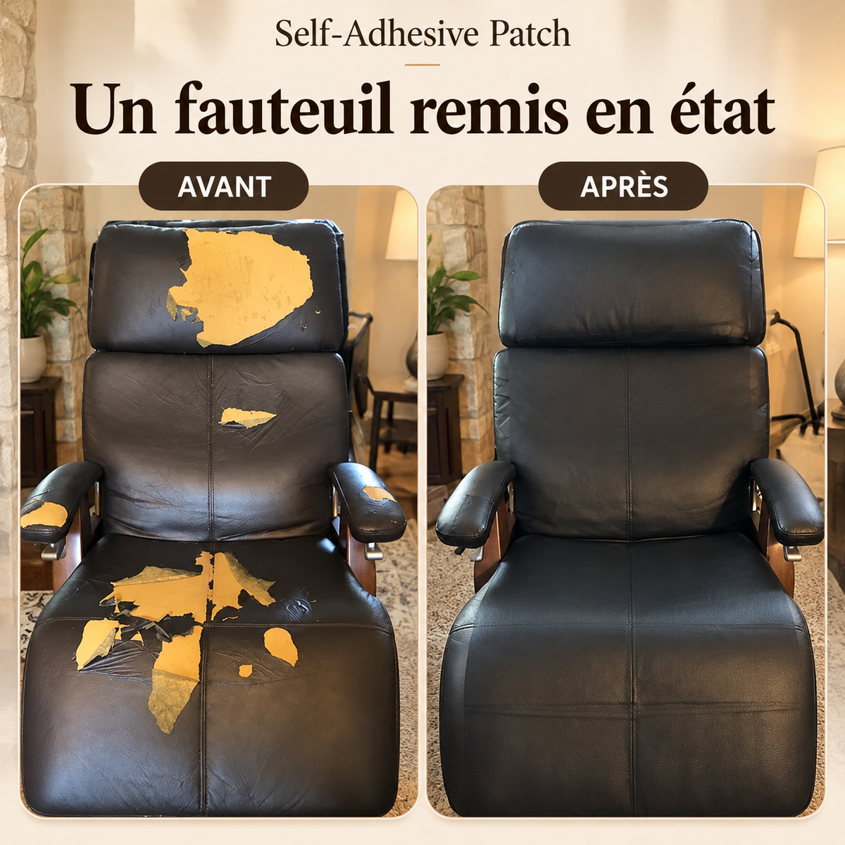 -50 % · OFFRE LIMITÉE · Self-Adhesive Patch · Patch de réparation en cuir