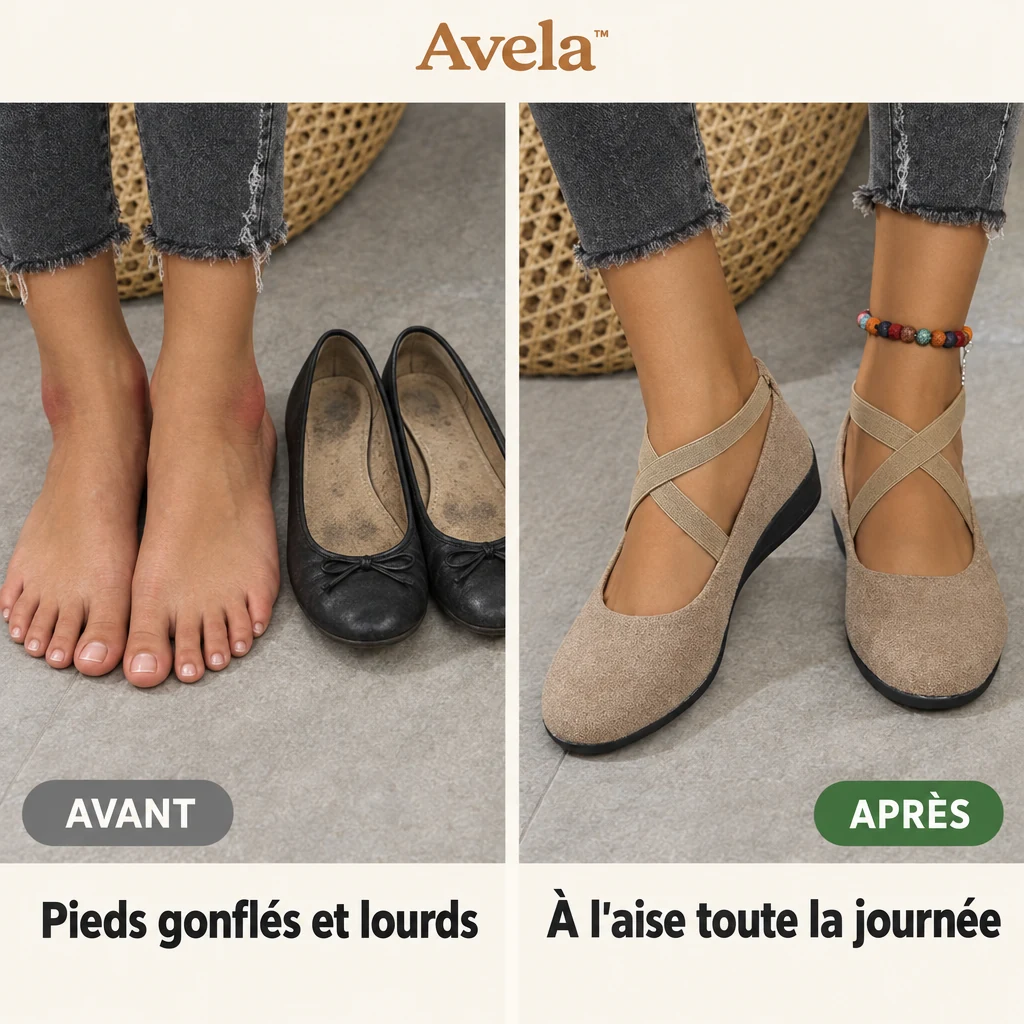 Avant après Avela : pieds gonflés et lourds le soir, puis à l'aise toute la journée