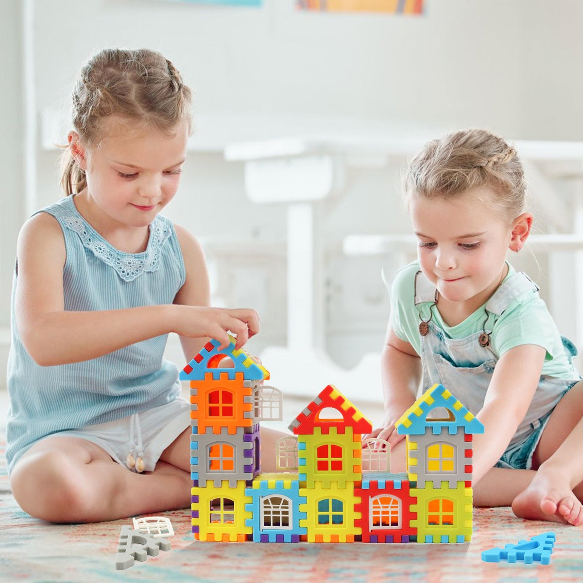 Deux fillettes construisent une maison SnapBlocks sur le tapis du salon