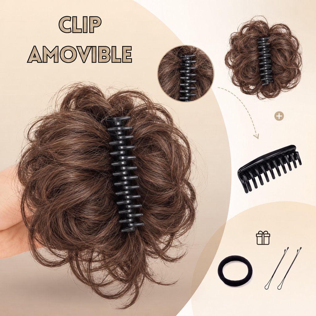 Clip amovible : chignon Clip'nBun sur sa pince, élastique et 2 épingles