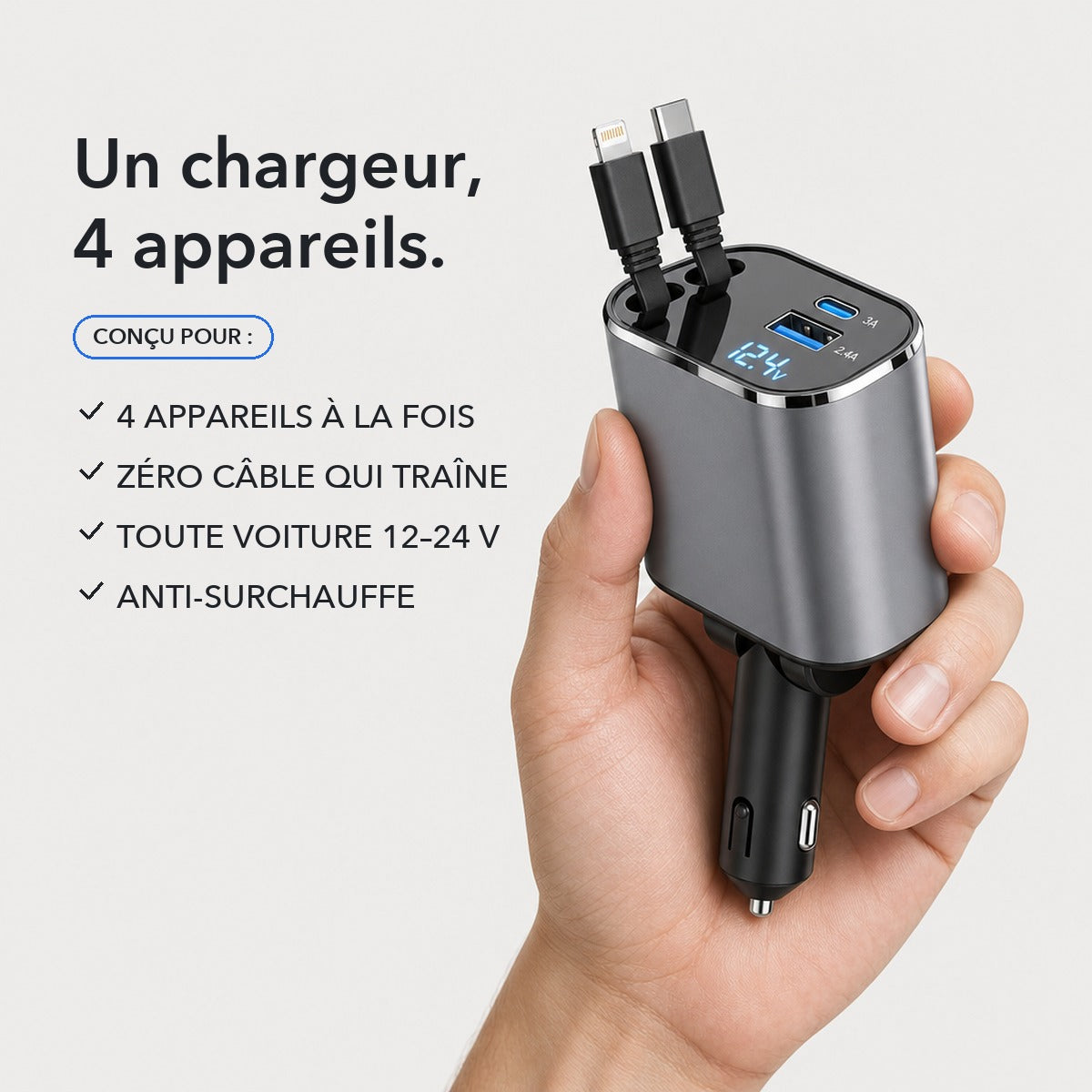-50 % · OFFRE LIMITÉE · MultiZap™ · Chargeur de voiture 4 en 1