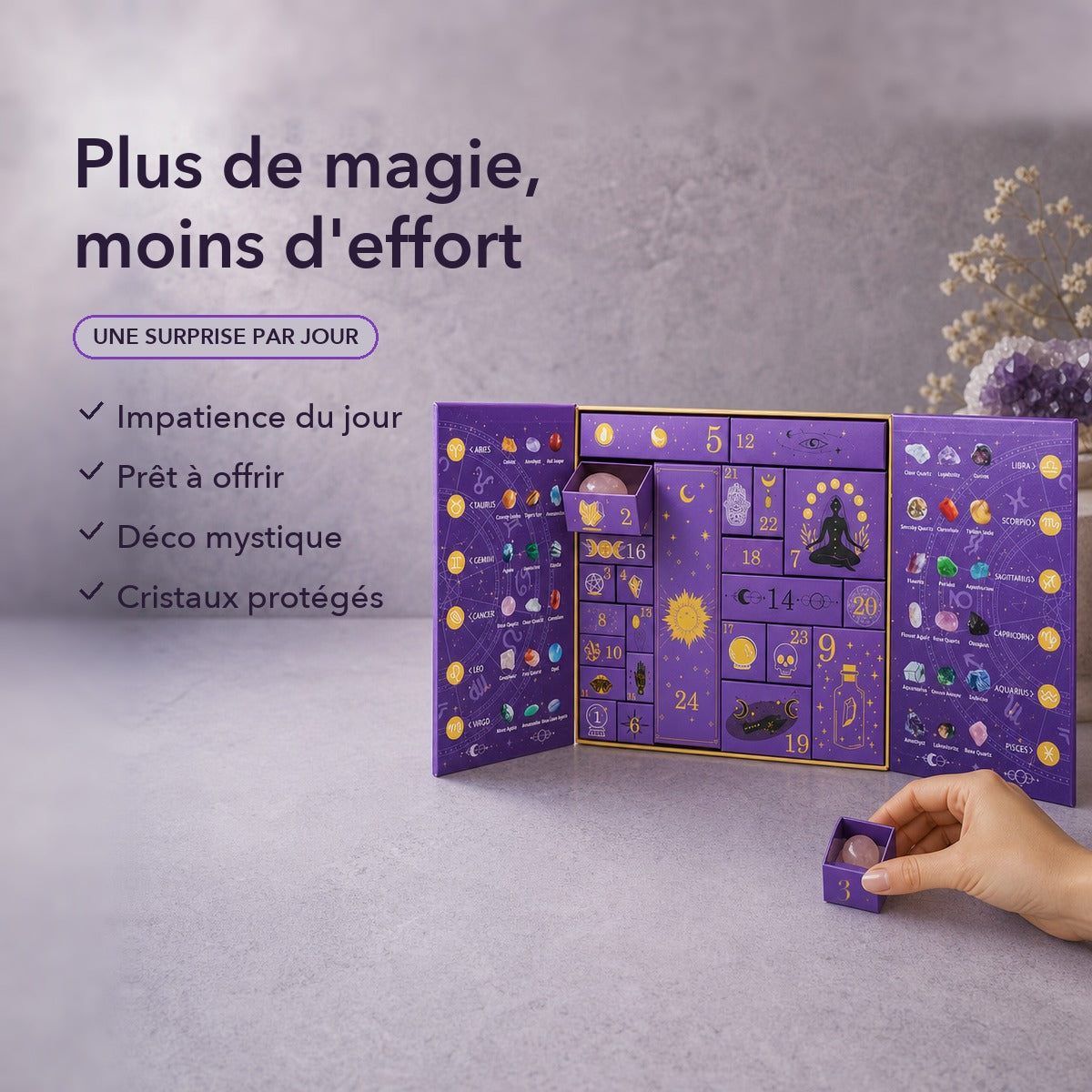 1+1 OFFERT · AUJOURD'HUI · AuraCount™ · Calendrier de cristaux