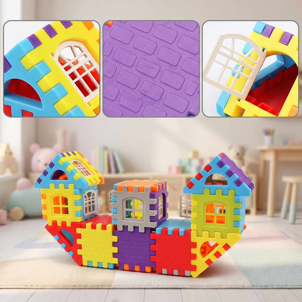 Détails des carrés SnapBlocks : fenêtre, texture gaufrée, emboîtement