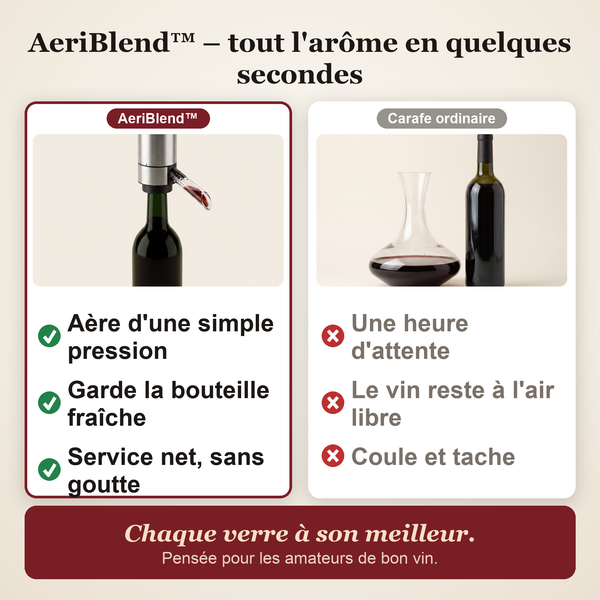 -50 % · OFFRE LIMITÉE · AeriBlend™ · Aérateur, conservateur et distributeur de vin 3-en-1
