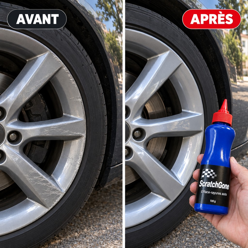 Avant après : jante peinte griffée par un trottoir puis nette avec ScratchGone
