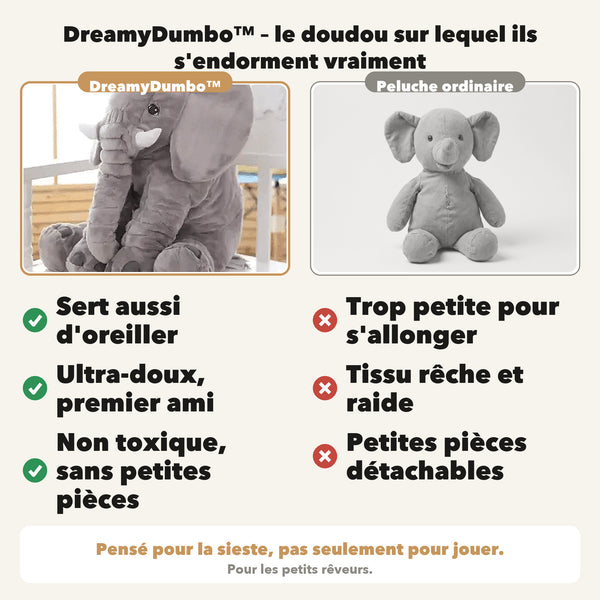 -50 % · OFFRE LIMITÉE · DreamyDumbo™ · Oreiller Câlin Éléphant Bébé