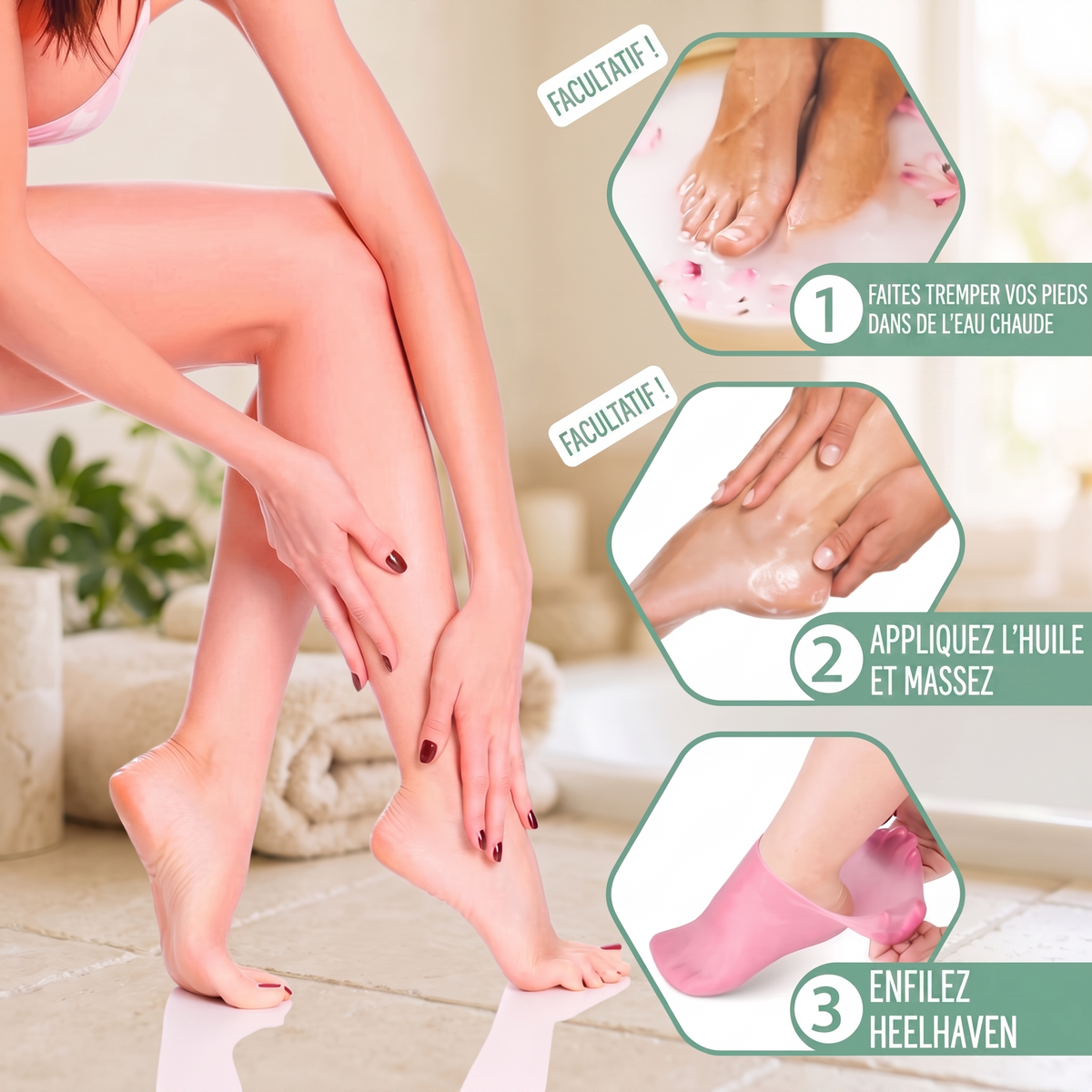 1+1 OFFERT · AUJOURD'HUI · HeelHaven™ · Dites adieu aux talons secs et aux pieds fatigués !