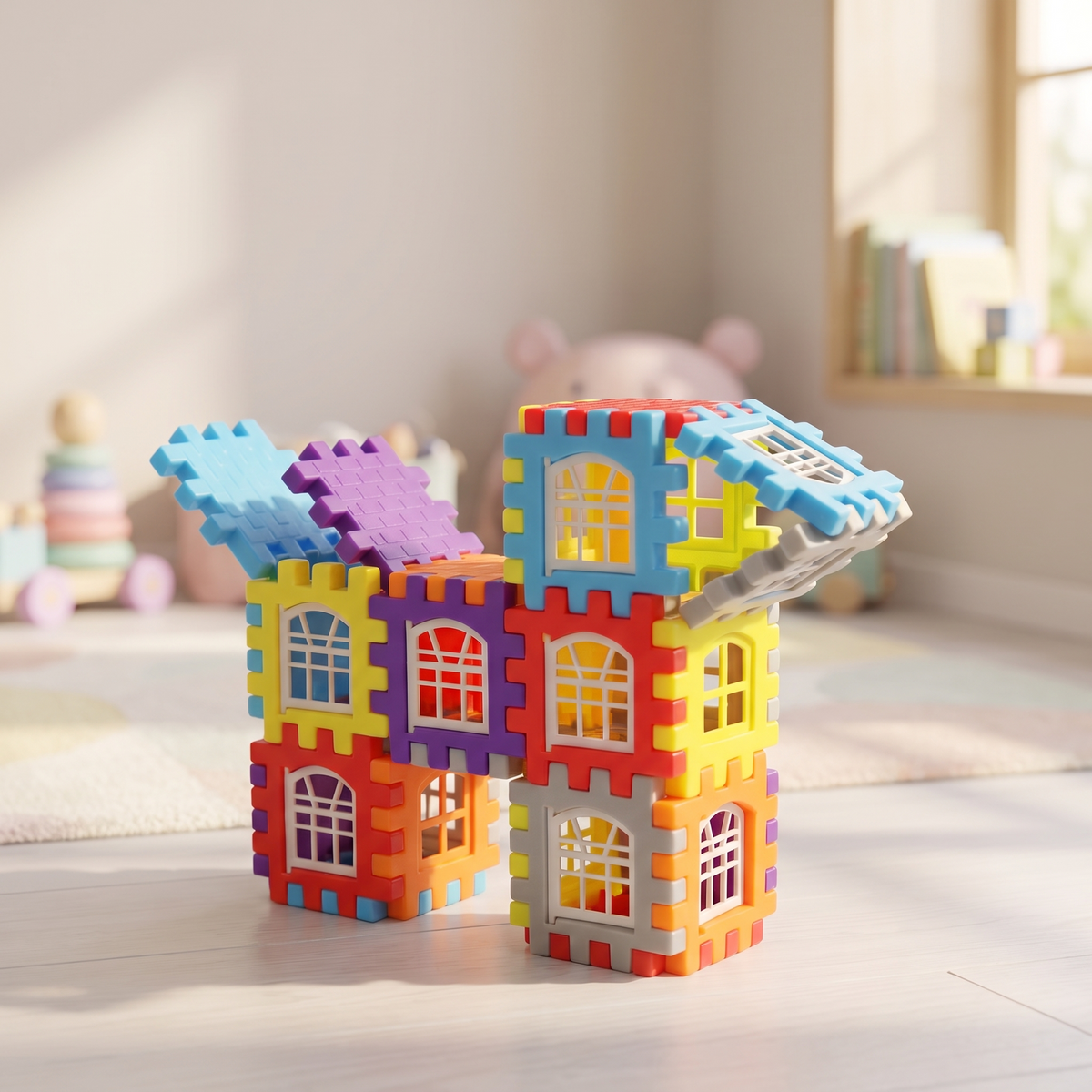 Maison SnapBlocks à deux étages avec fenêtres blanches sur le sol