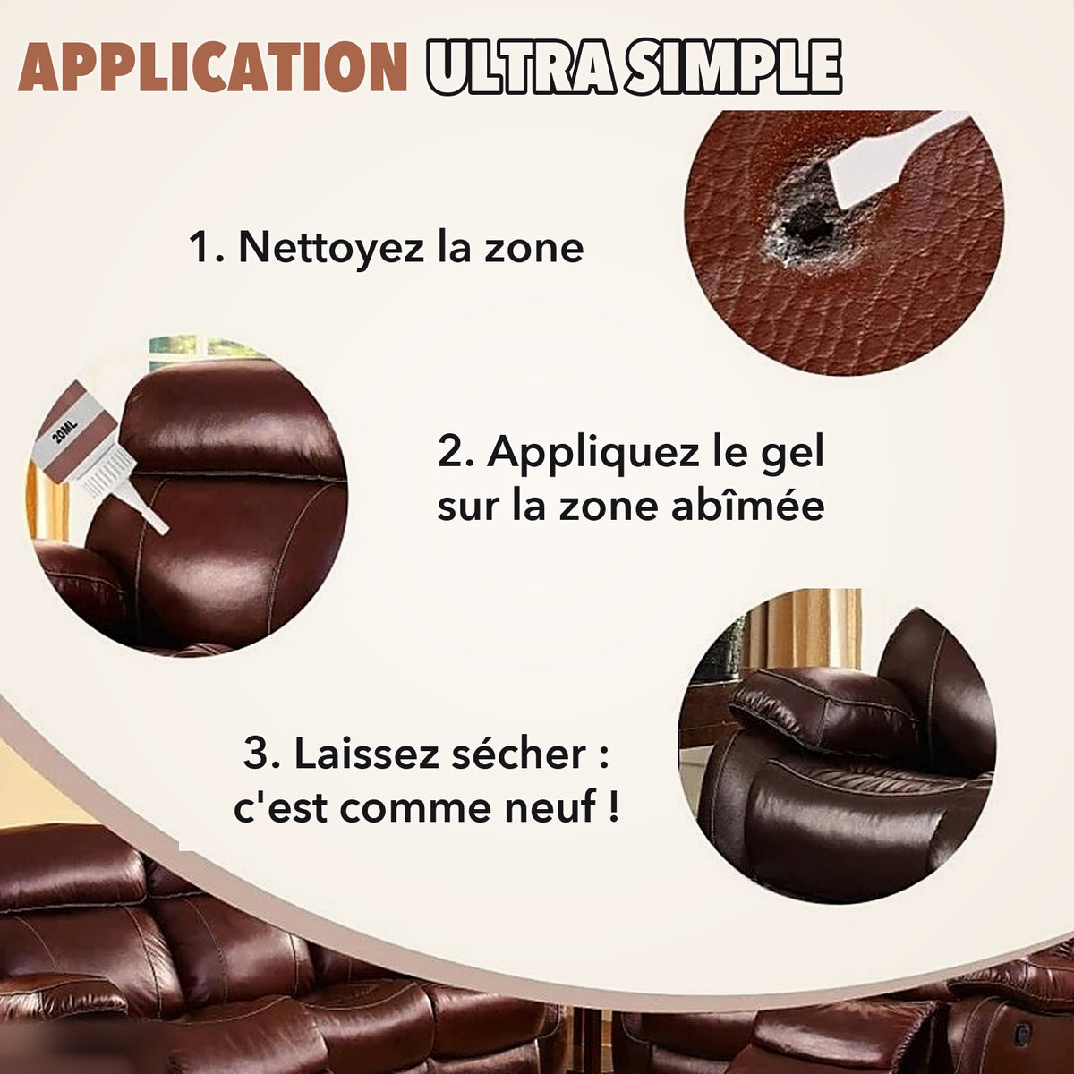 -50 % · OFFRE LIMITÉE · MagicGel™ · Répare instantanément le cuir abîmé !