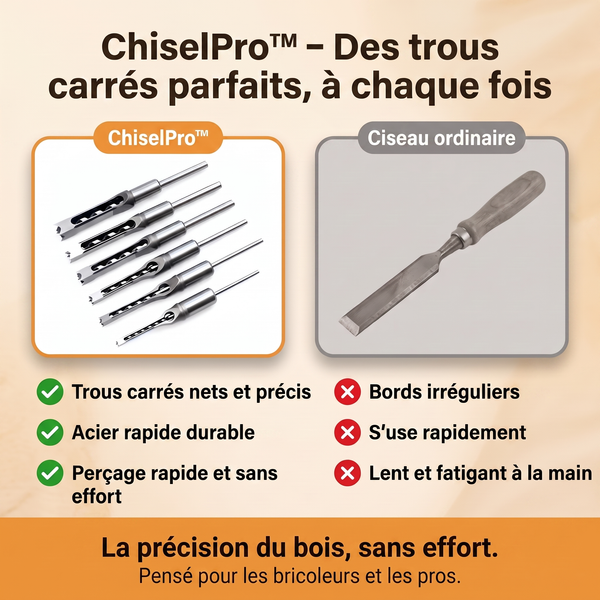 -50 % · OFFRE LIMITÉE · ChiselPro™ · Percez des trous carrés parfaits !