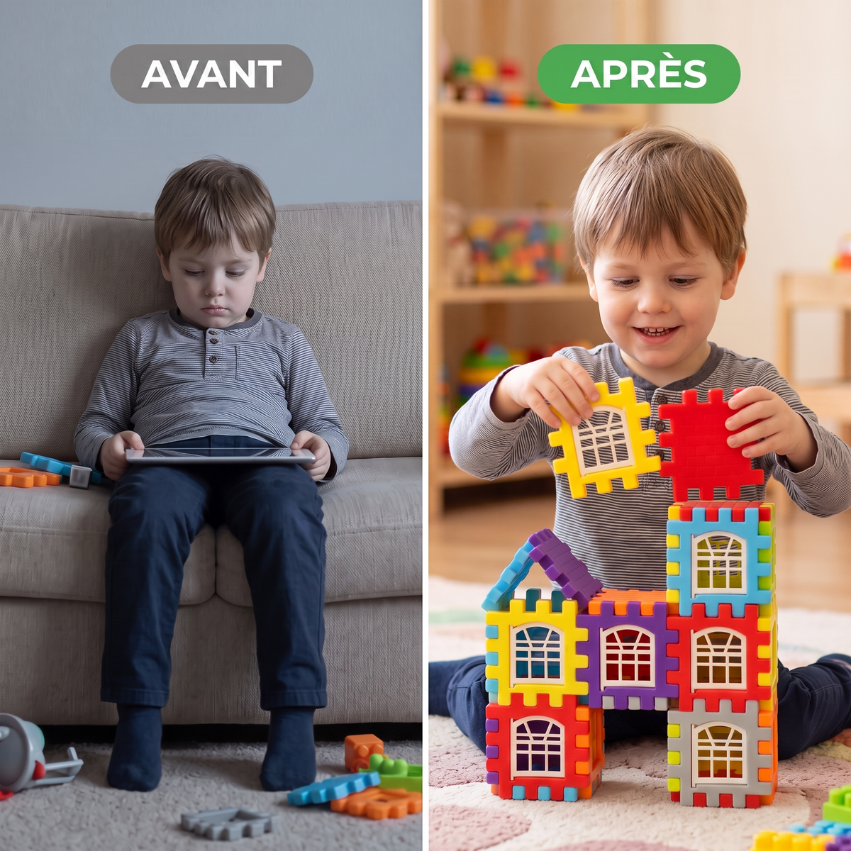 Avant : enfant sur la tablette. Après : enfant qui construit une maison SnapBlocks