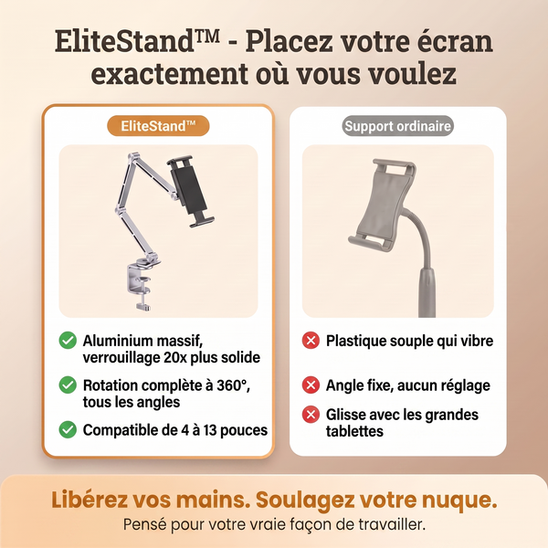 -50 % · OFFRE LIMITÉE · UrbanTote™ · Support robuste en aluminium pour tablette et téléphone