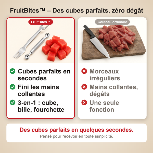 -50 % · OFFRE LIMITÉE · FruitBites™ · Une nouvelle façon de couper vos fruits !