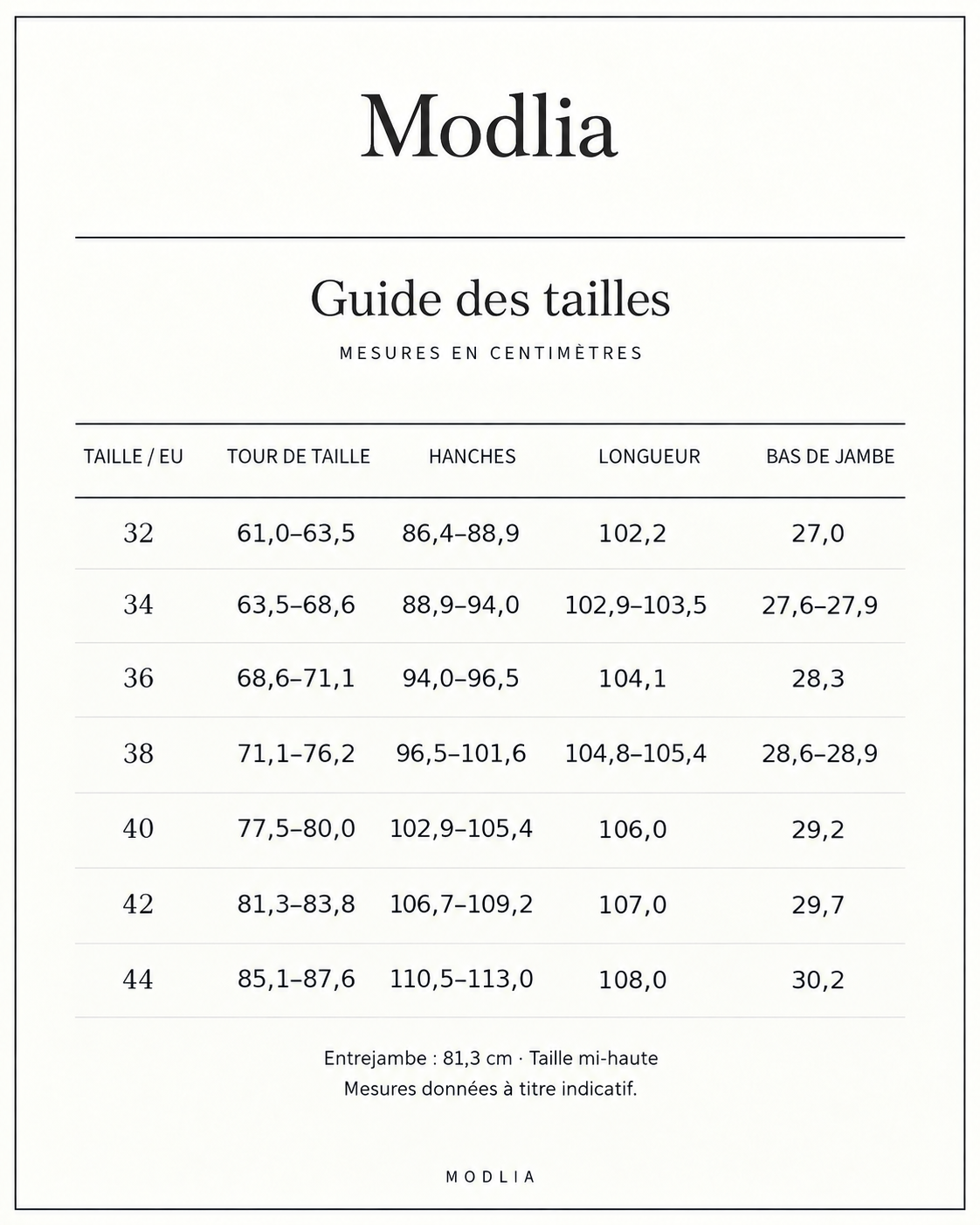 RelaxDenim™ · Guide des tailles EU 32 à 44 · Mesures en centimètres