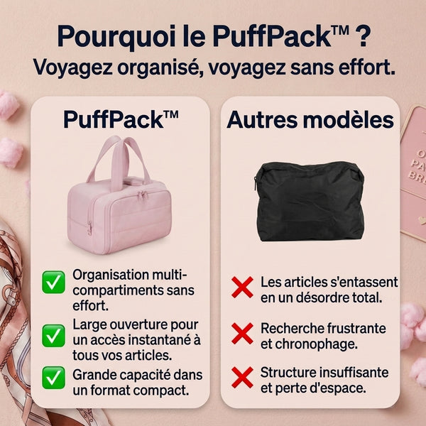 -50 % · OFFRE LIMITÉE · PuffPack™ · Vos articles de toilette toujours à portée de main !