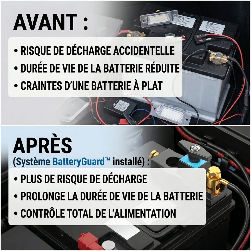 1+1 OFFERT · AUJOURD'HUI · BatteryGuard™ · Interrupteur de coupure