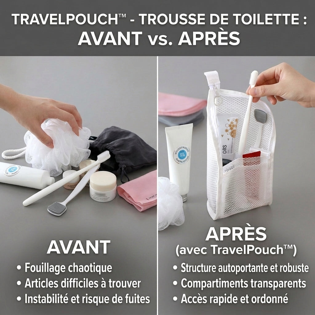1 + 2 OFFERT · AUJOURD'HUI · TravelPouch™ · Elle tient debout, tout est visible !