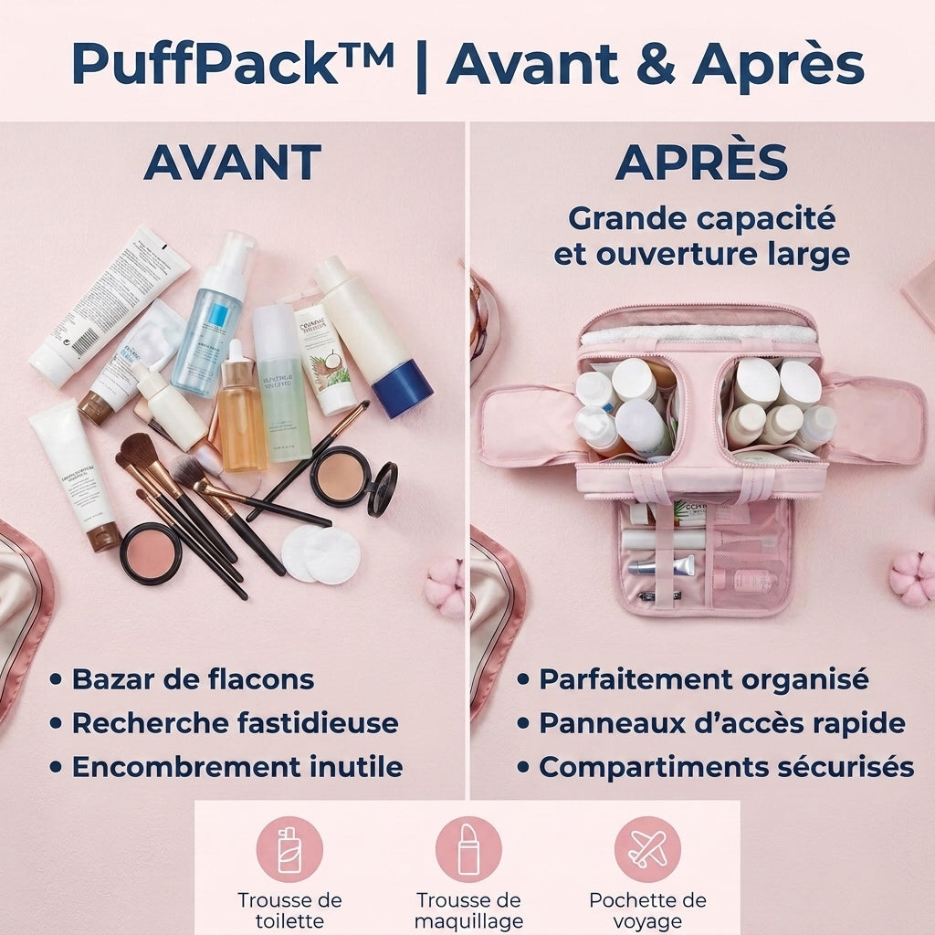 -50 % · OFFRE LIMITÉE · PuffPack™ · Vos articles de toilette toujours à portée de main !