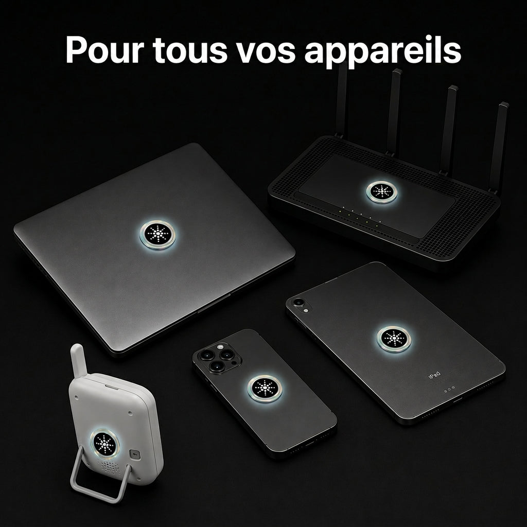 3+3 OFFERT · AUJOURD'HUI · WaveShield™ · Autocollants EMF