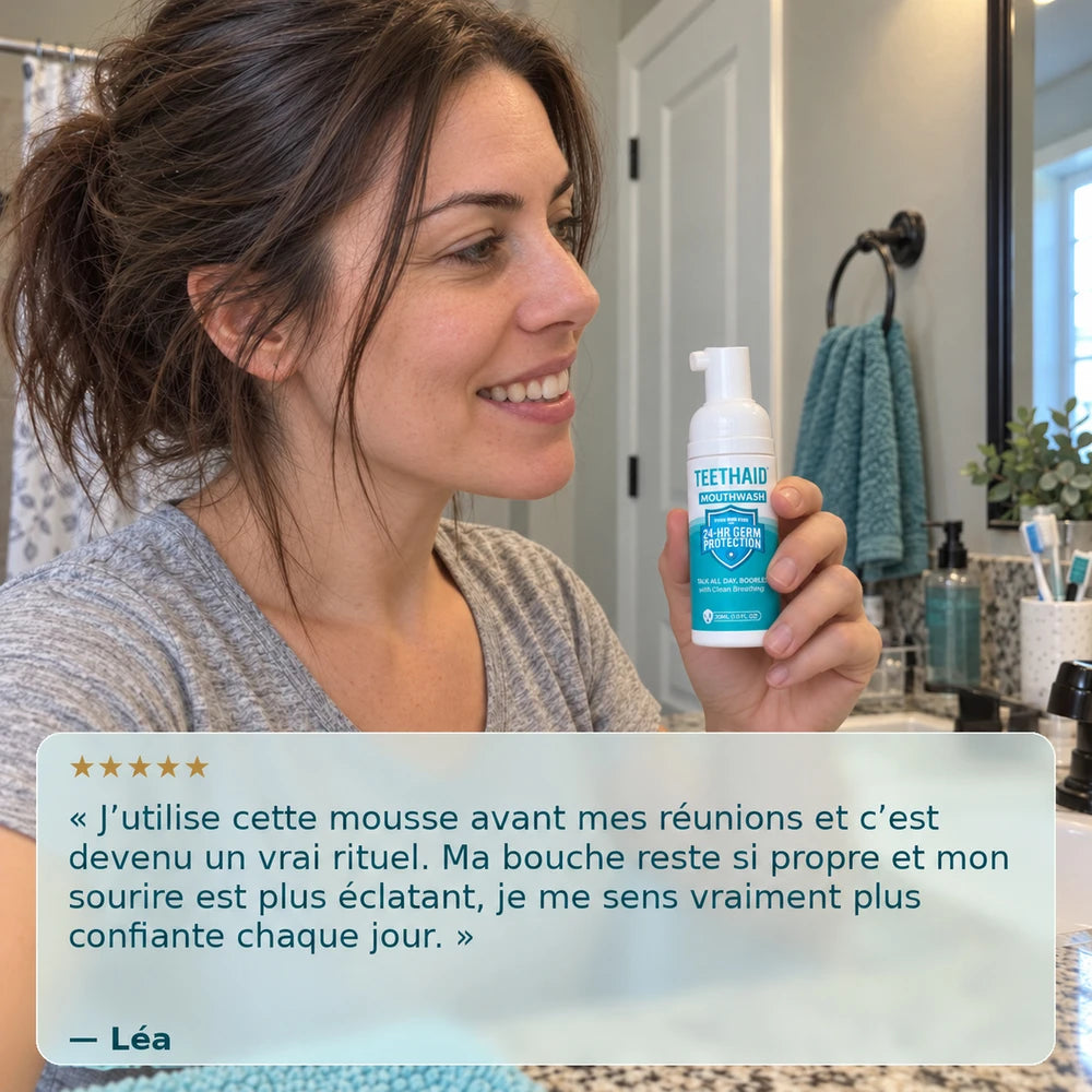 -50 % · OFFRE LIMITÉE · OralGuard™ · Mousse blanchissante et soin bucco-dentaire 100 % d’origine végétale