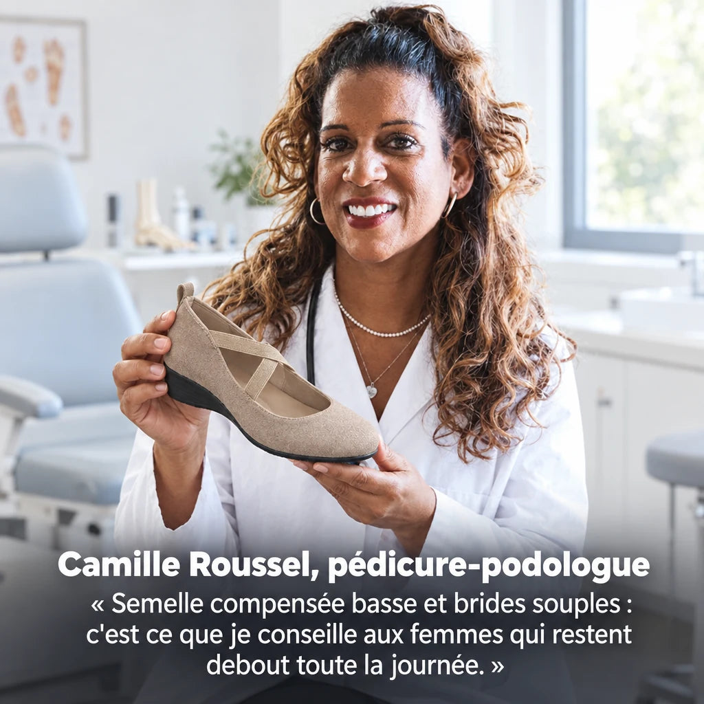 Camille Roussel, pédicure-podologue, tient une ballerine Avela
