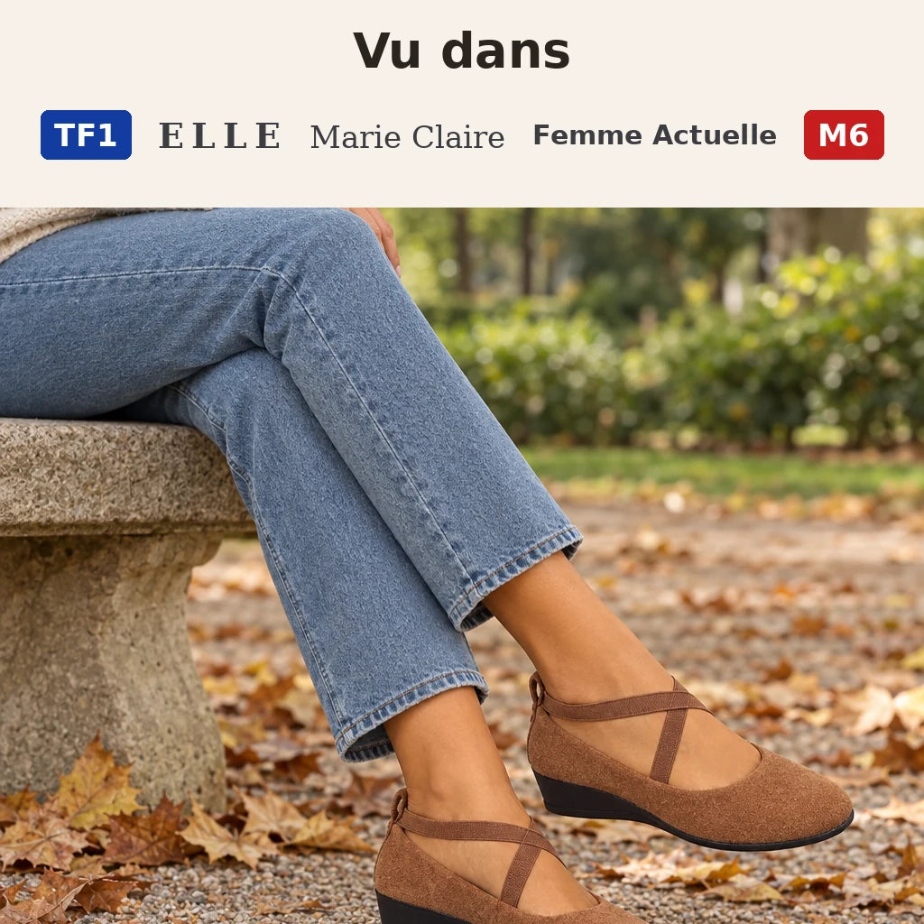 Vu dans TF1, ELLE, Marie Claire, Femme Actuelle, M6 : ballerines Avela camel sur un banc de parc