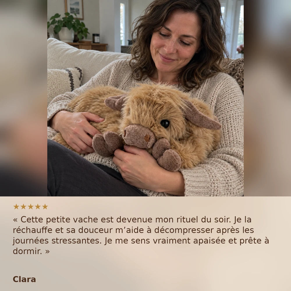 -50 % · OFFRE LIMITÉE · CozyHug™ · Peluche lestée vache Highland