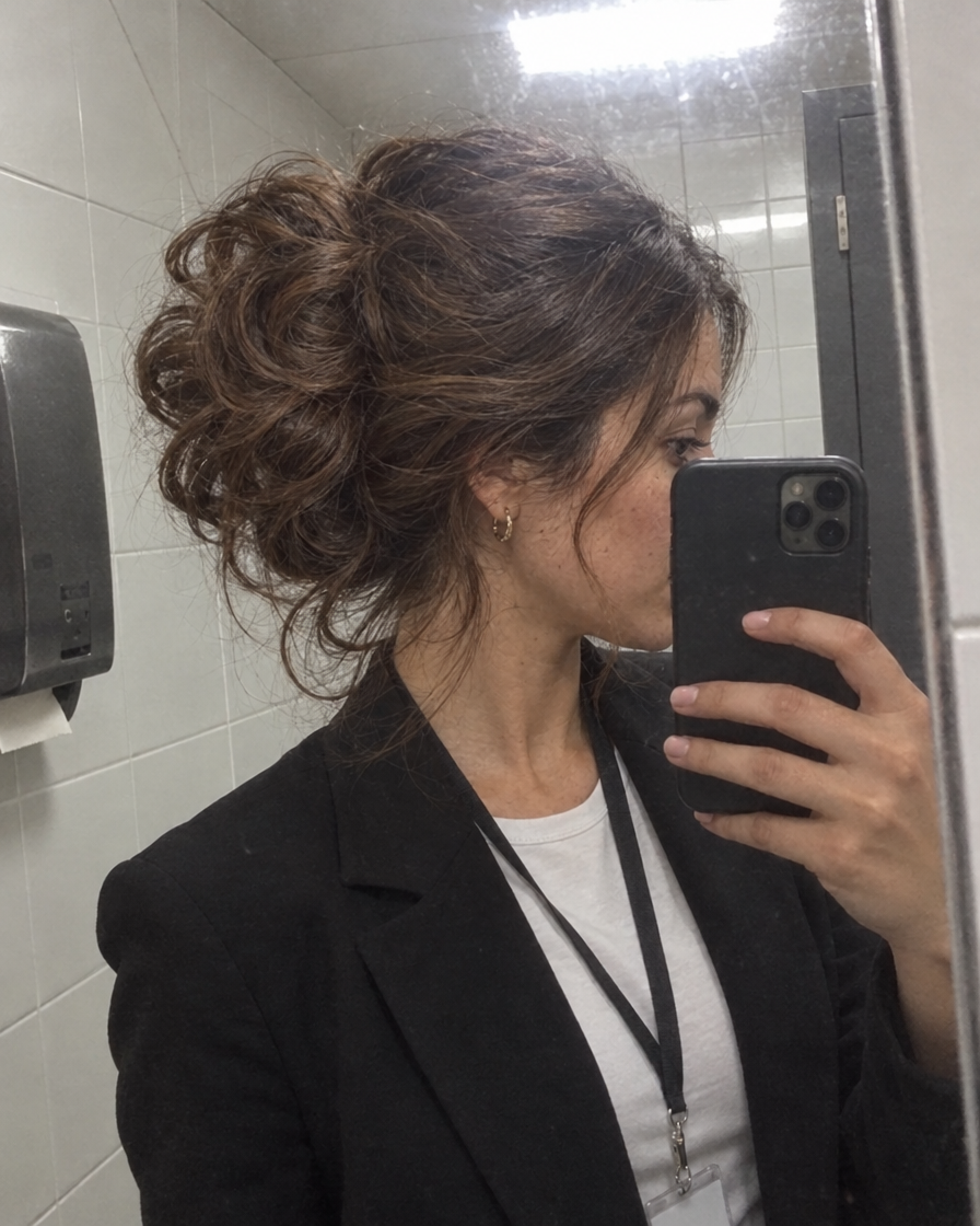 Photo cliente : selfie dans le miroir des toilettes du bureau, chignon châtain Clip'nBun
