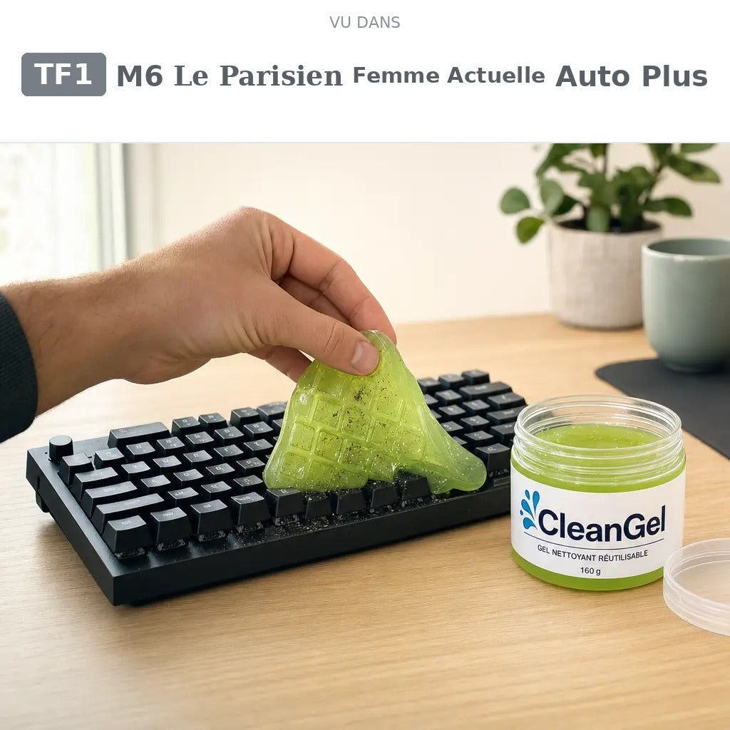 Vu dans TF1, M6, Le Parisien, Femme Actuelle, Auto Plus : CleanGel sur un clavier