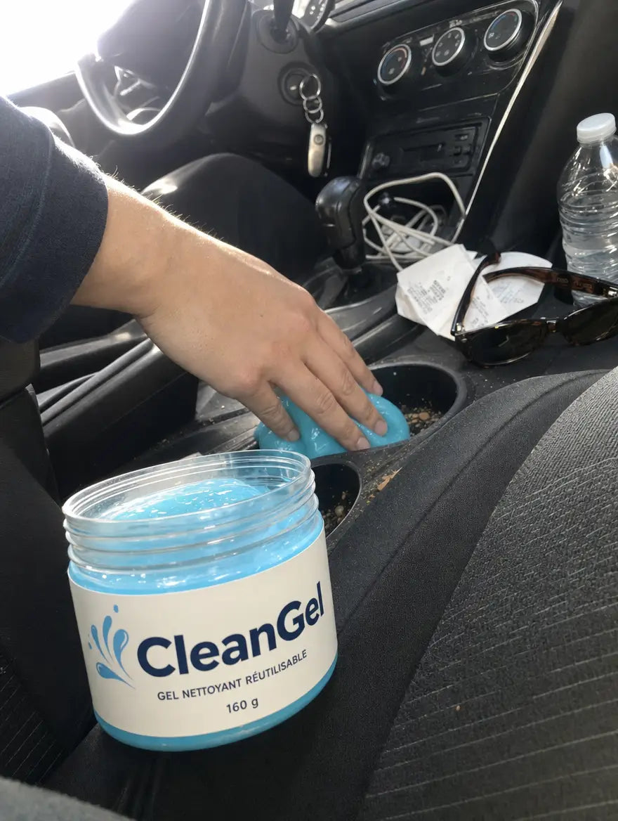 Photo cliente : pot CleanGel bleu sur le siège, le gel pressé dans un porte-gobelets plein de miettes