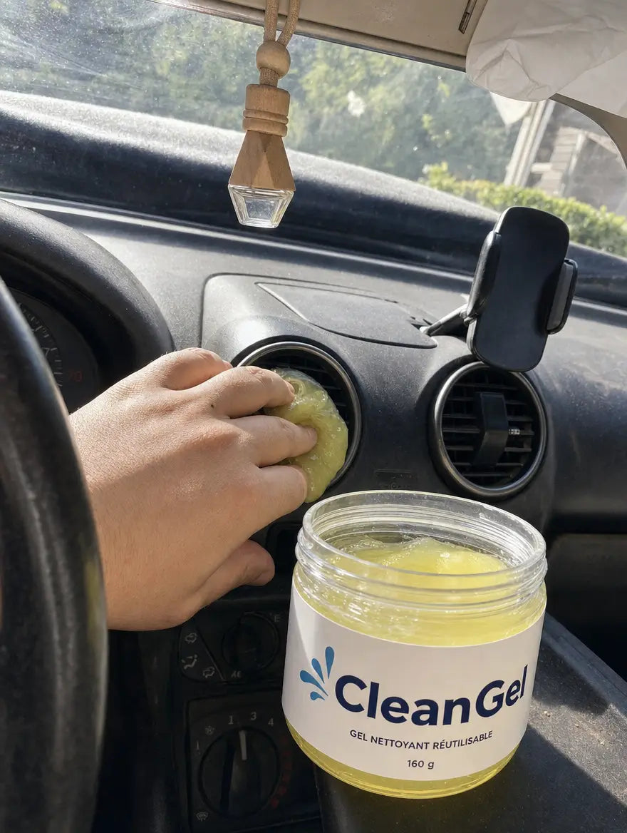 Photo client : gel CleanGel jaune pressé dans une grille d'aération ronde, pot ouvert sur le tableau de bord