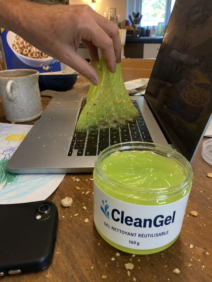 Photo cliente : gel CleanGel vert soulevé d'un clavier de portable sur une table de cuisine, miettes prises dedans