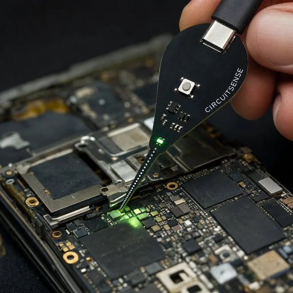 Gros plan sur la pointe de la sonde CircuitSense™ au dessus d'une bobine