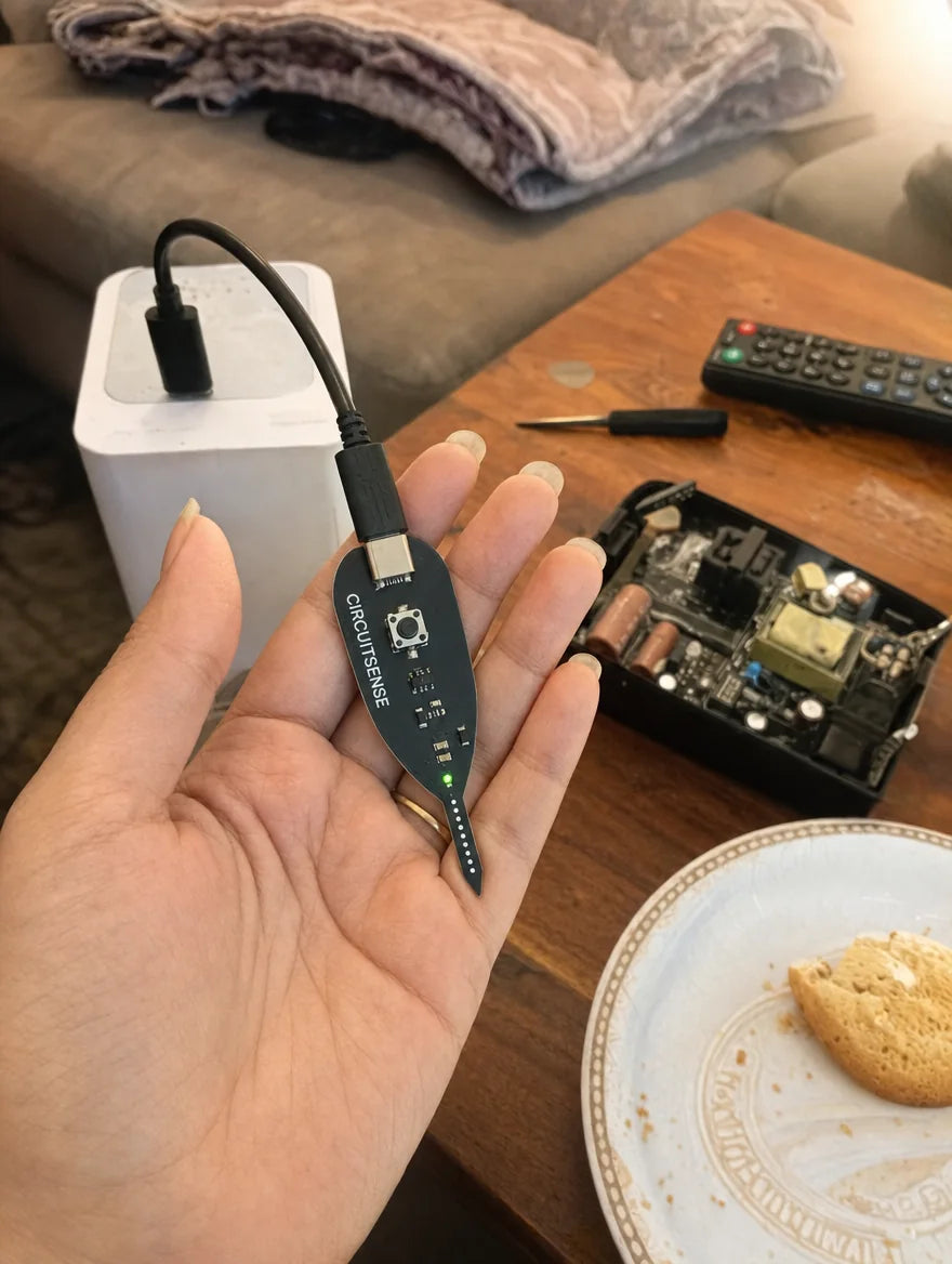 Photo cliente : sonde CircuitSense tenue en main devant un chargeur de PC portable ouvert sur une table basse